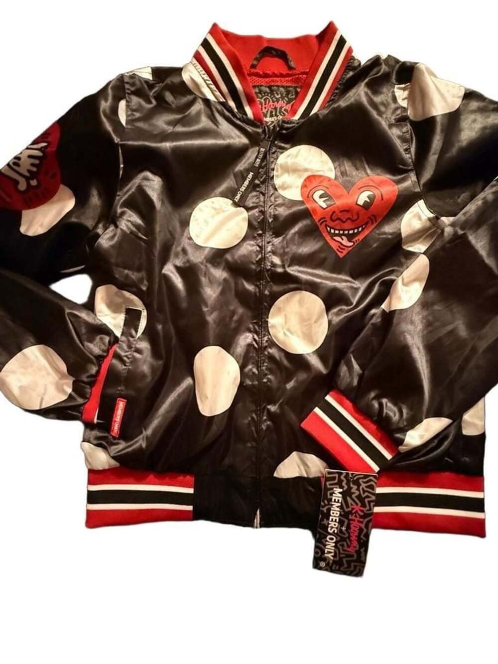 Members Only x Keith Haring Black Satin Polka Dot Varsity Bomber Jacket